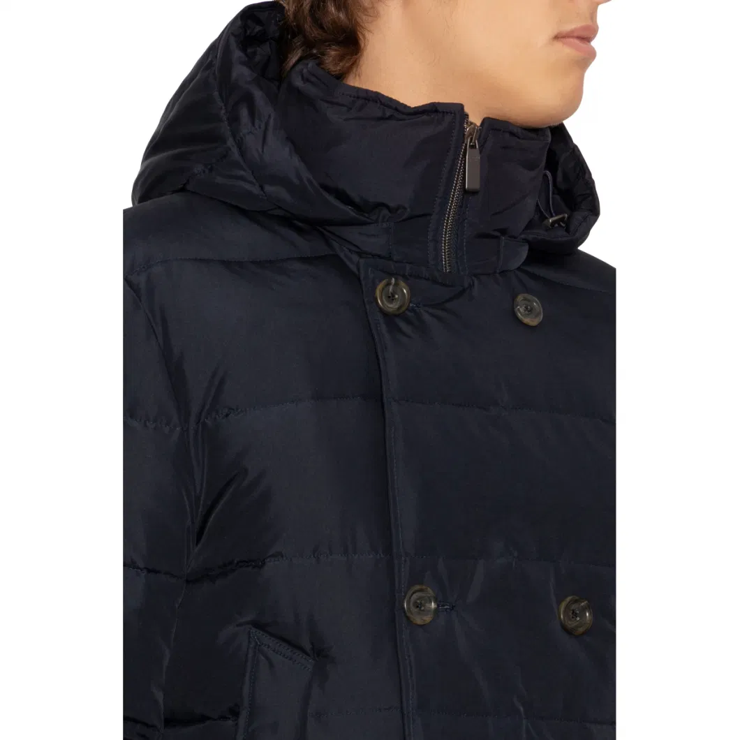 Solid Color Dark Blue Double-Breasted Windbreaker Woolen Trench Coats for Men