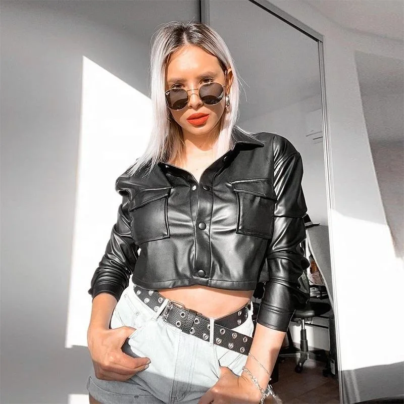 Custom Women Autumn Vintage Elegant Coats Ladies PU Punk Style Thin Fashion Short Jacket Black Faux Leather Cropped Jacket