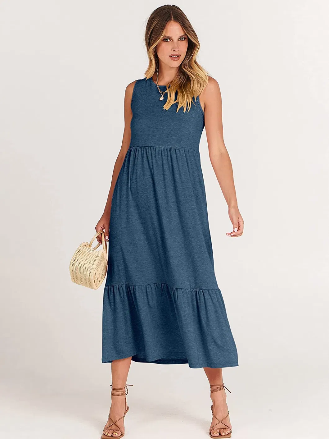 Women&prime;s Summer Casual Sleeveless Tiered Maxi Dress with Pockets