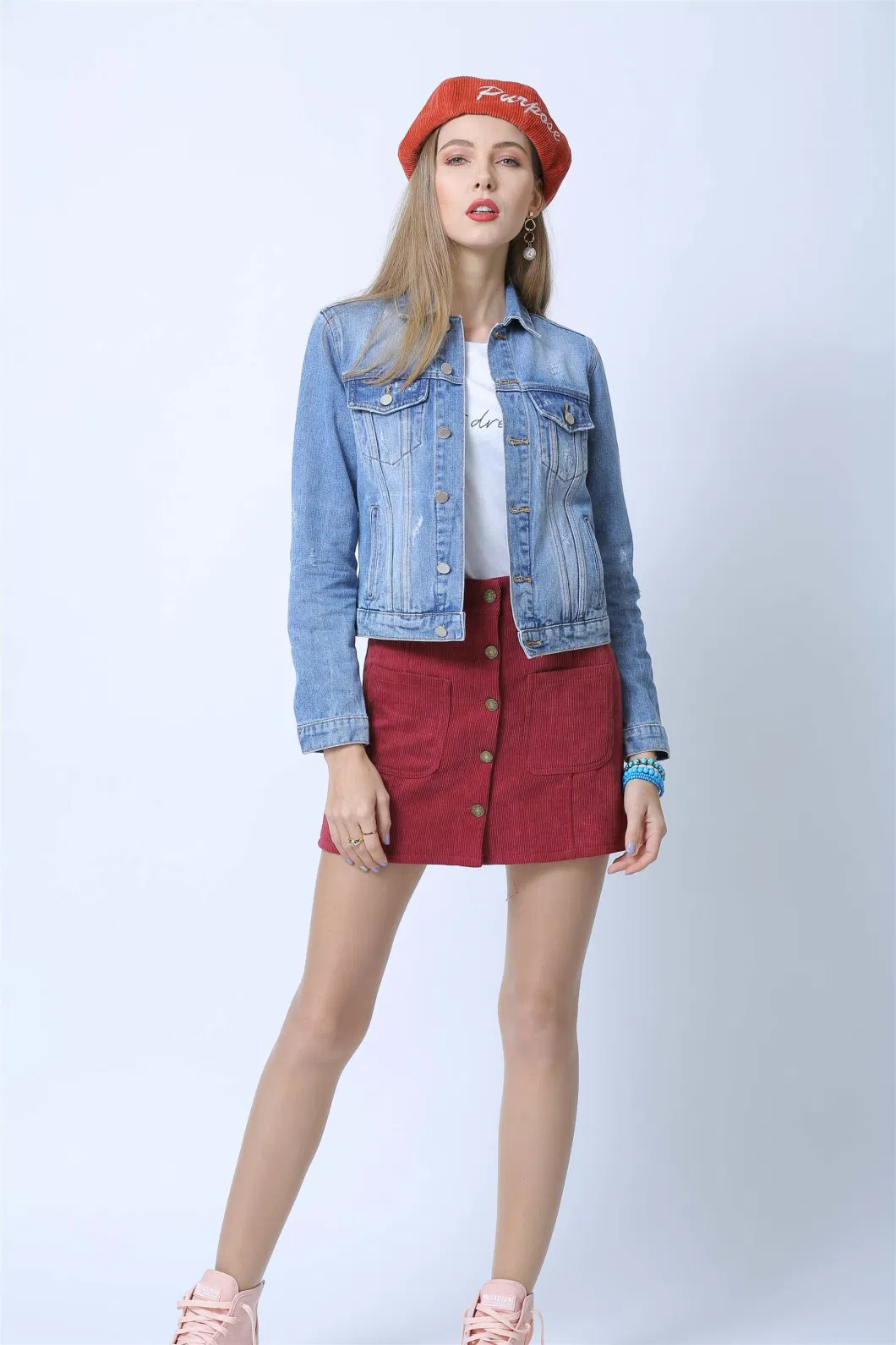 Ladies Classsic Bleached Wash Light Color Outdoor Casual Short Denim Jackets