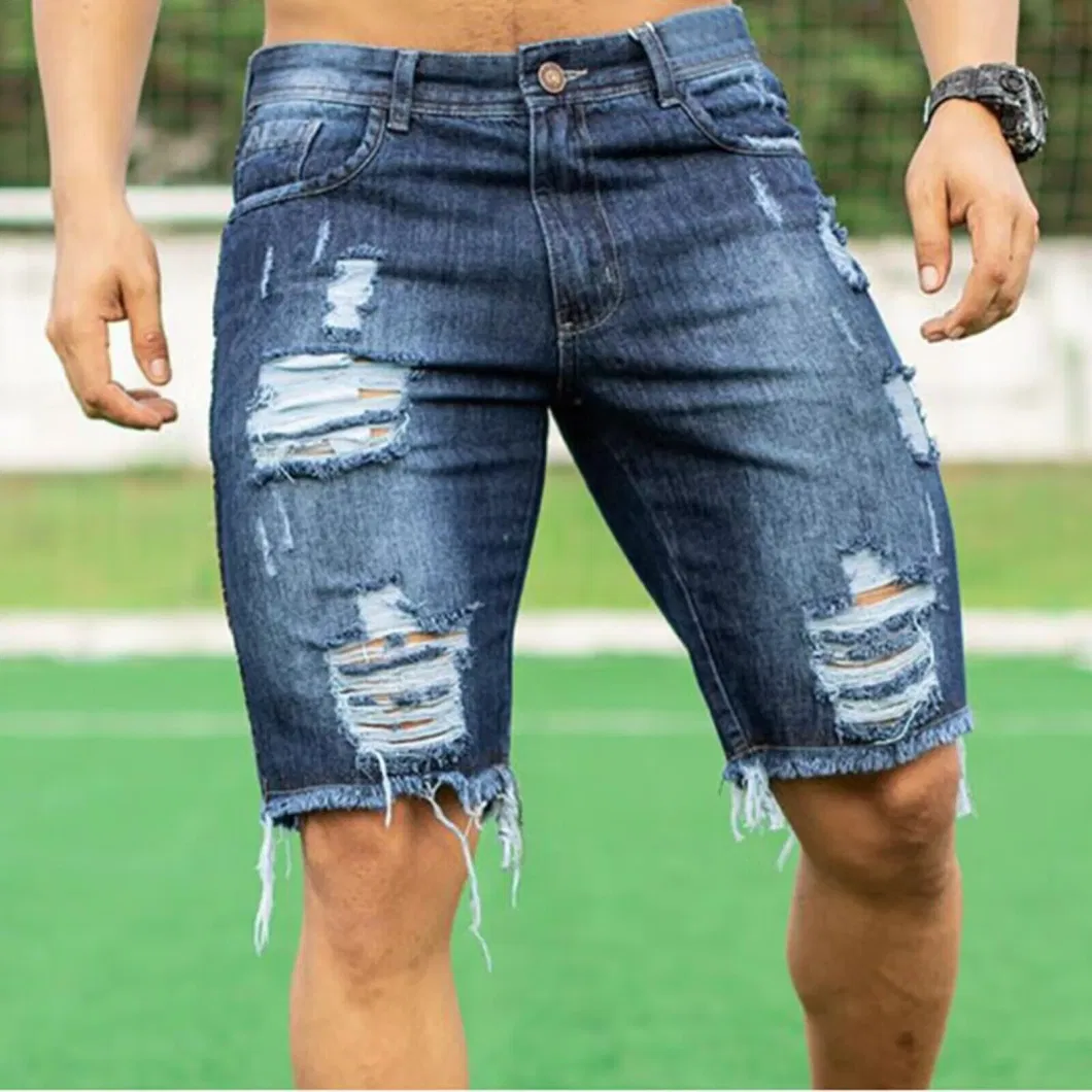 Summer Men&prime;s Fashion Ripped Casual Denim Shorts with Five-Quarter Length