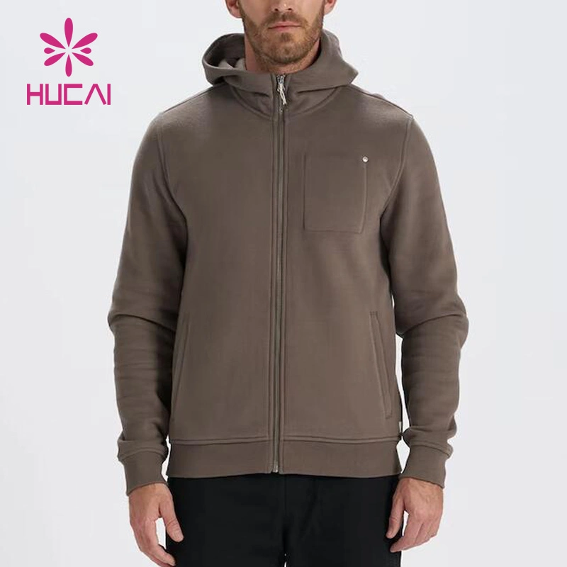 OEM Private Brand Mens Gym Cotton Full Zip Custom Sports Running Hooded Sporty Khaki Jackets