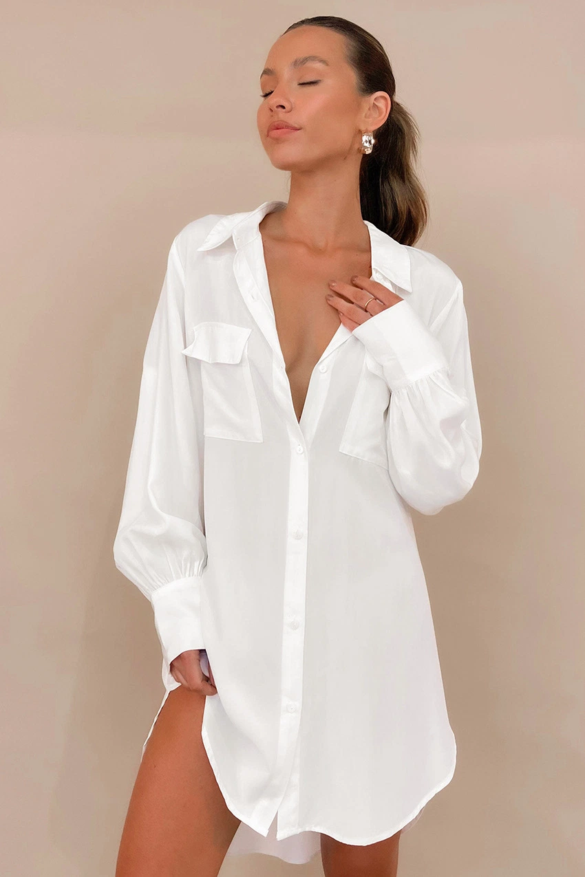 Ladies Fashion White One Piece Pajamas Chiffon Shirt Night Dresses for Woman Long Sleeve