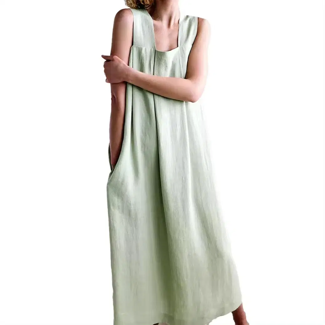 Summer Women Casual Sleeveless Linen Cotton Eco Natural Fabric Long Beach Dress