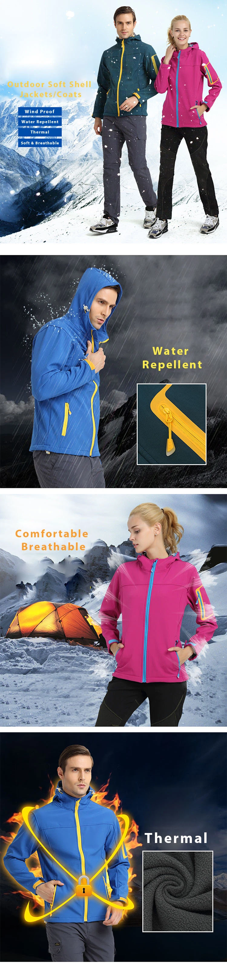 Hot Sale Red Winter Fleece Windproof Men&prime;s Hooded Softshell Jacket