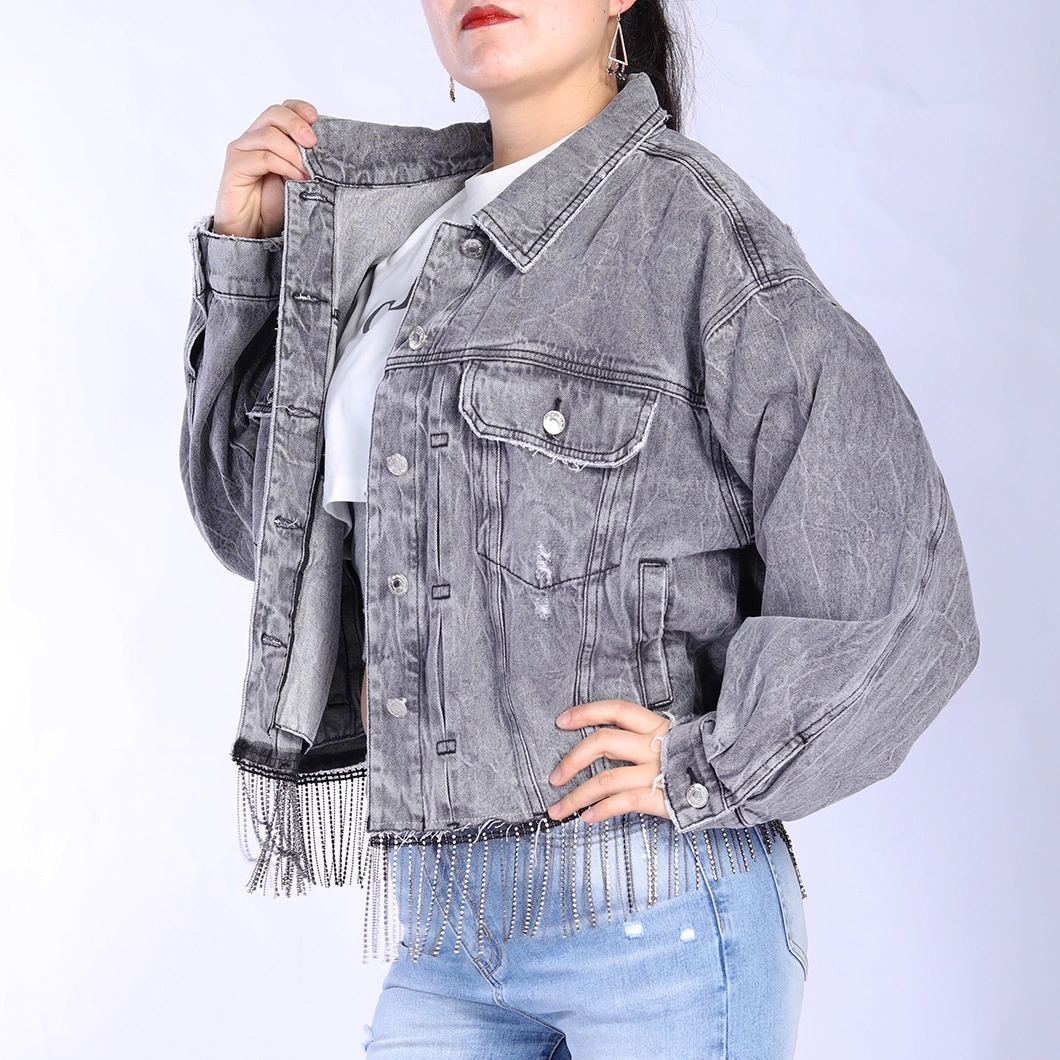 Custom Fashionable Distressed Casual Tassel Rhinestone Hem Jean Jackets for Women