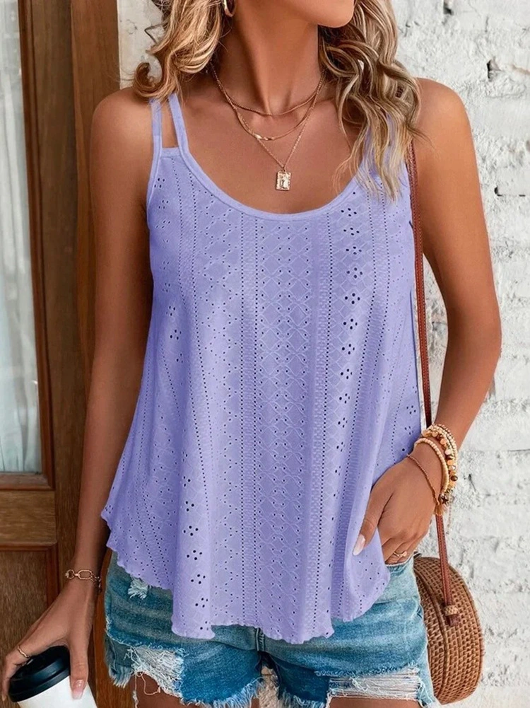 Womens Fashion Tank Tops Eyelet Embroidery Sleeveless Camisole Scoop Neck Loose Casual 2024 Summer Clothes Flowy Shirts