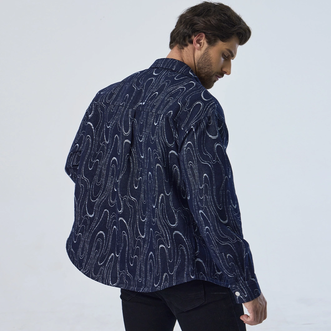 Custom Vintage Button Closure Collar Down Jacquard Loose Outerwear Men Denim Jackets