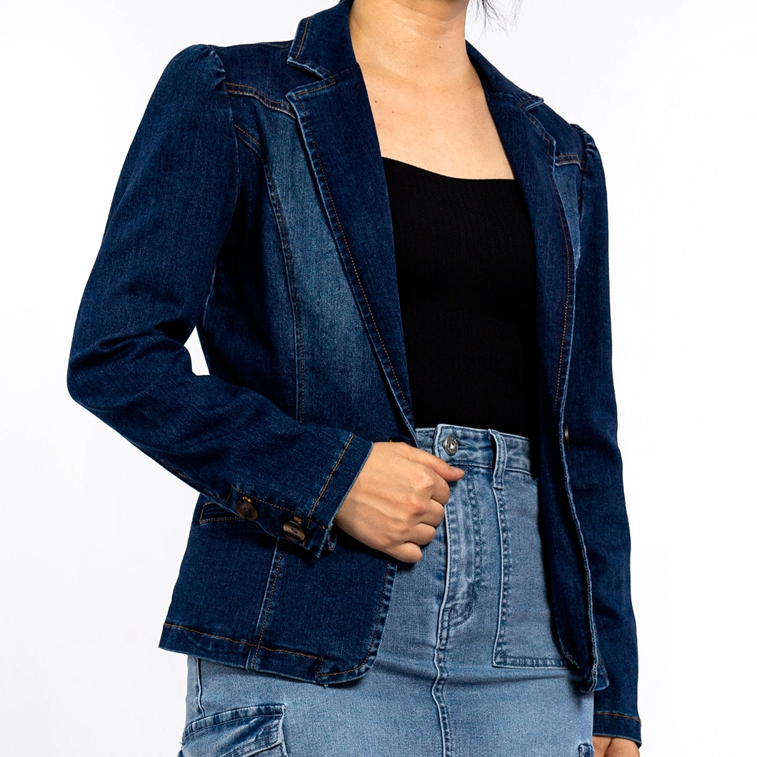 Women&prime;s Blue Lapel Slim Waist Washed Denim Blazer Jean Jacket