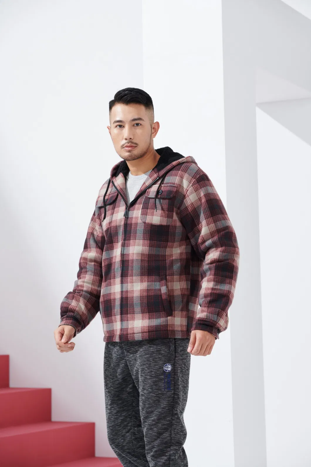 Customized Wholesale Winter Autumn Men Outdoor Warm Hot Styles Plaid OEM ODM Windproof Hooded Fur Sherpa Lined Clothing Wear Jacket