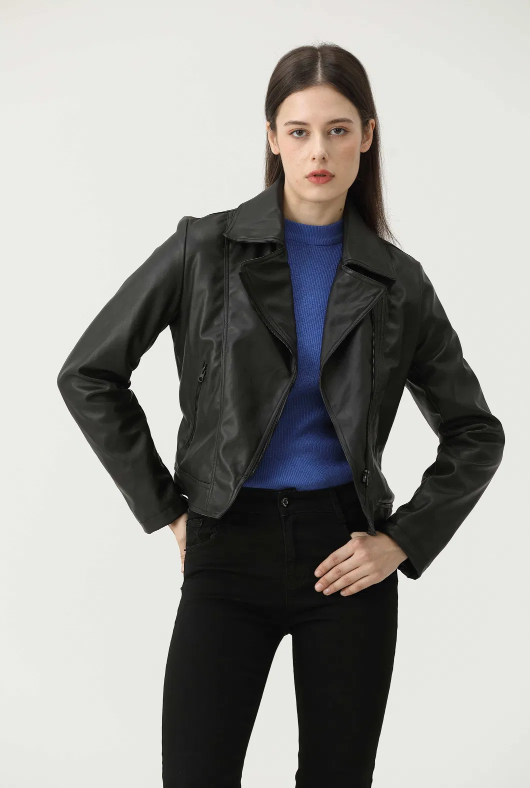 fashion Spring Wholesale Black PU Cropped Leather Suit Varsity Zip up Short Women Leather Jackets