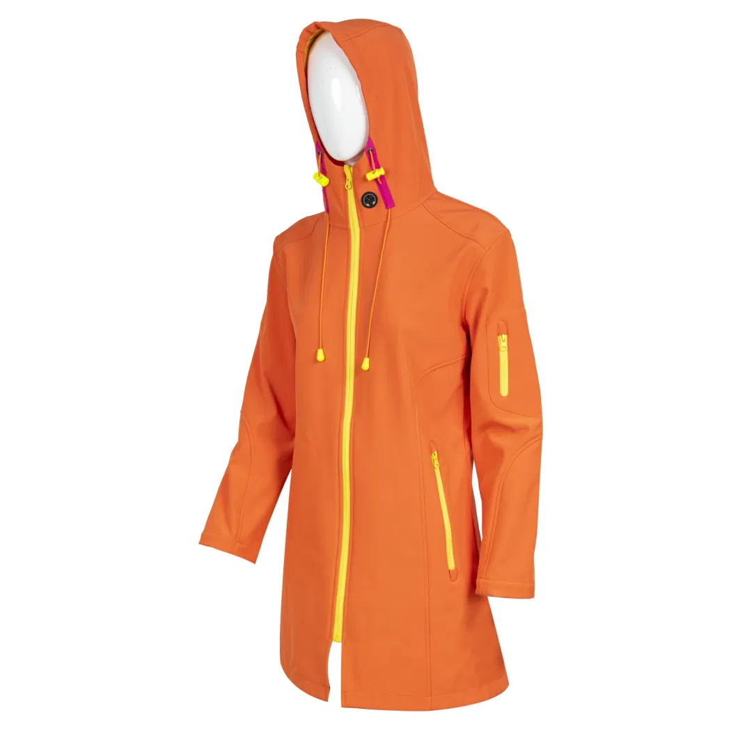 Wholesale Women&prime;s Orange Long Softshell Jacket with Connected Hood