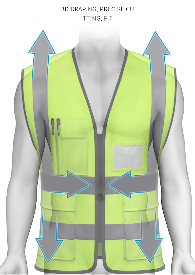 Men/Women Adjustable Reflective Safety Vest Front Zipper High Visibility Workwear with Pockets