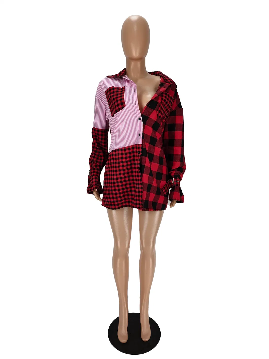 L286178 Brushed Plaid Stitching Single-Breasted Shirt Dress