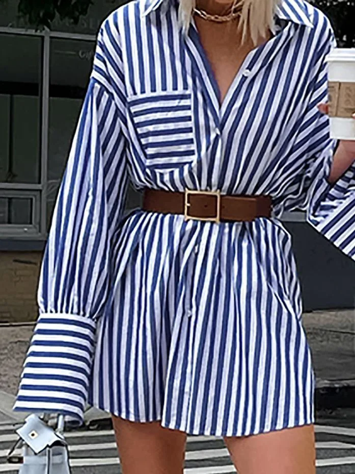 2023 Spring Autumn American-Style Blue and White Striped Shirt Dresses Women Casual Shirt Dress