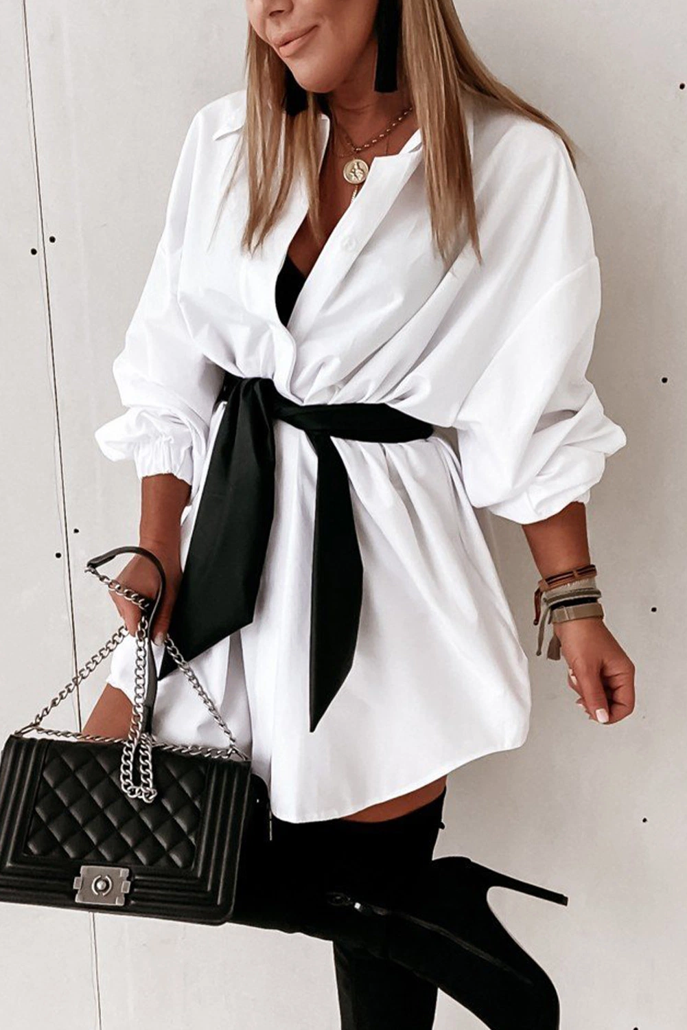 Dear-Lover Wholesale White Boyfriend Oversize Long Sleeve Shirt Dress with Belt