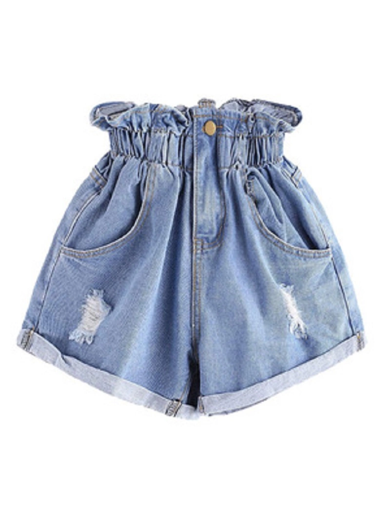 Womens Denim Shorts Elastic Waist Pleated Ruffle Distressed Ripped Short Pants Esg14351