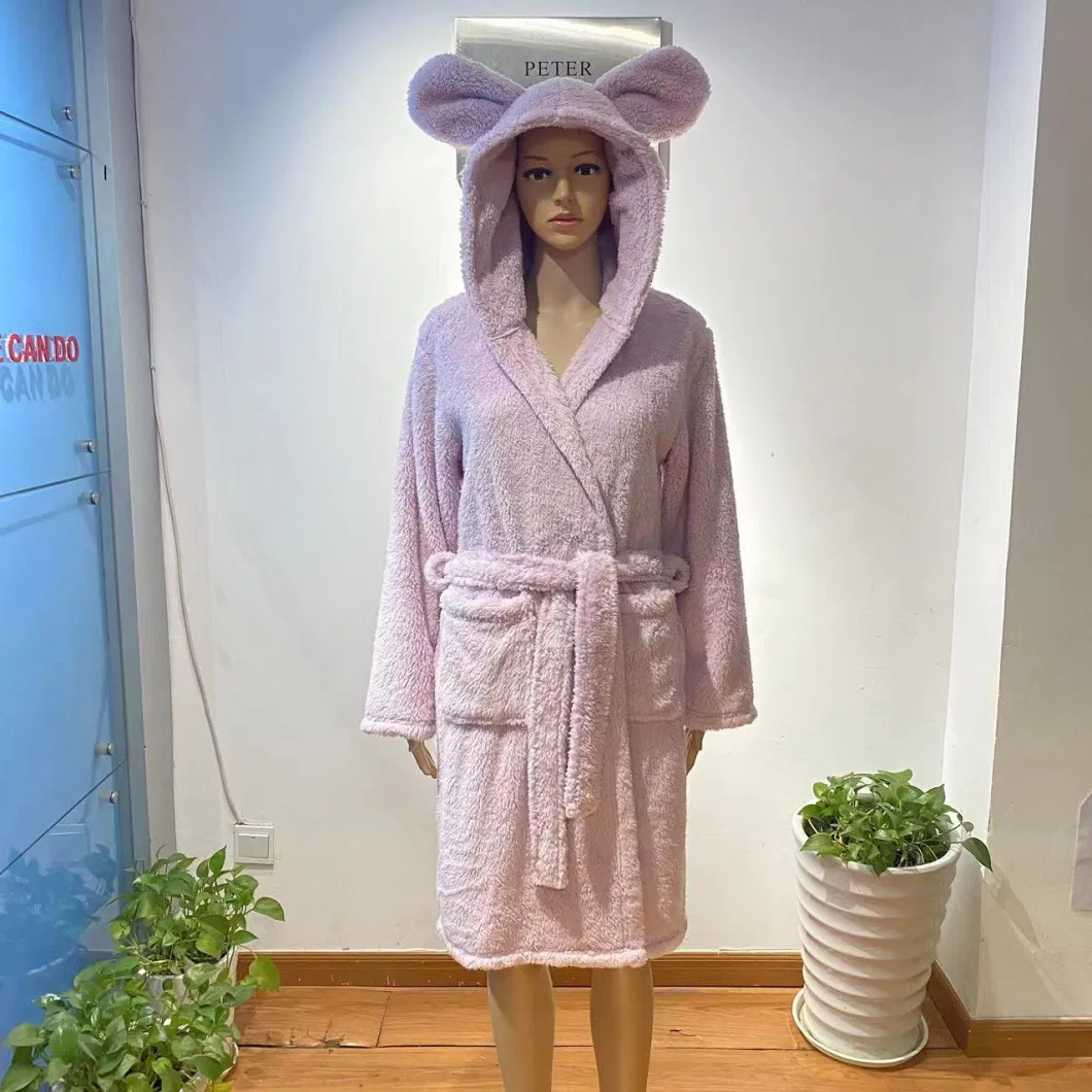 Custom Pink Colour 100% Polyester Plush Fleece for Women Winter Bathrobe with Ears