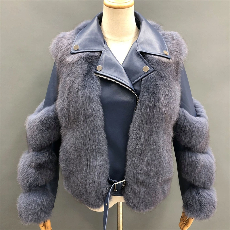 Hot Sales Long Sleeves Plus Size Leather &amp; Fur Coat