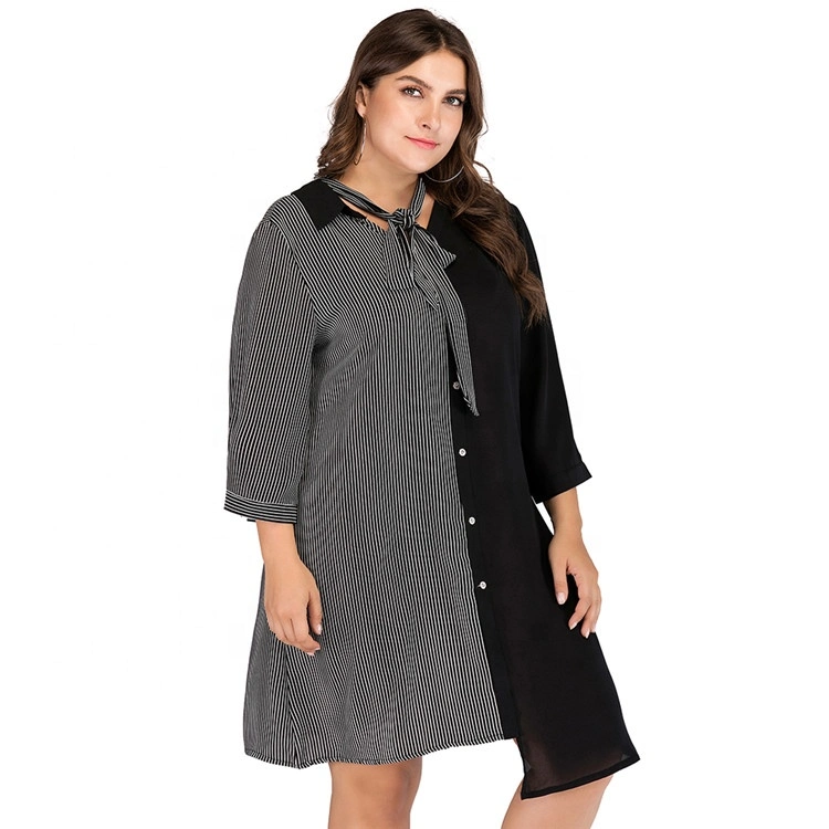 Plus Size Women&prime;s Clothing Strepe Ninth-Sleeve Dress with Scarf