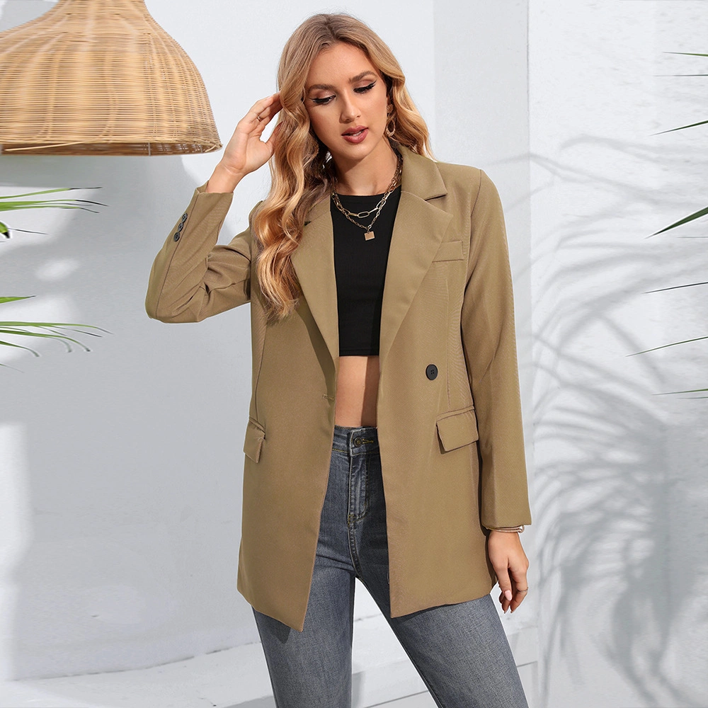 2023 New Arrival Khaki Polyester Windbreaker Jacket Long Trench Coat for Ladies Women