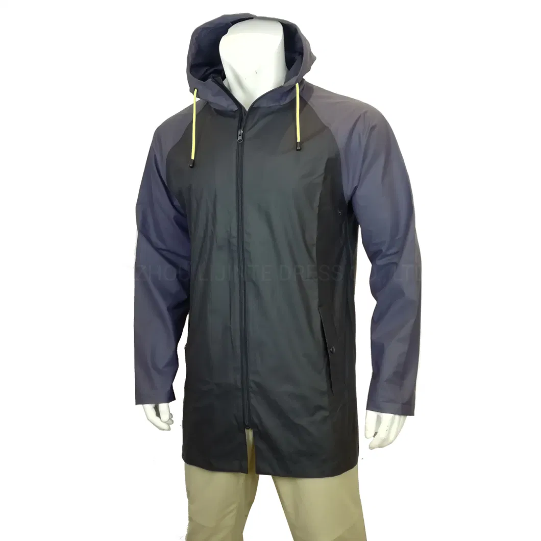 Men Fashion PU Materials Waterproof MID-Length Rain Jacket Rainwear