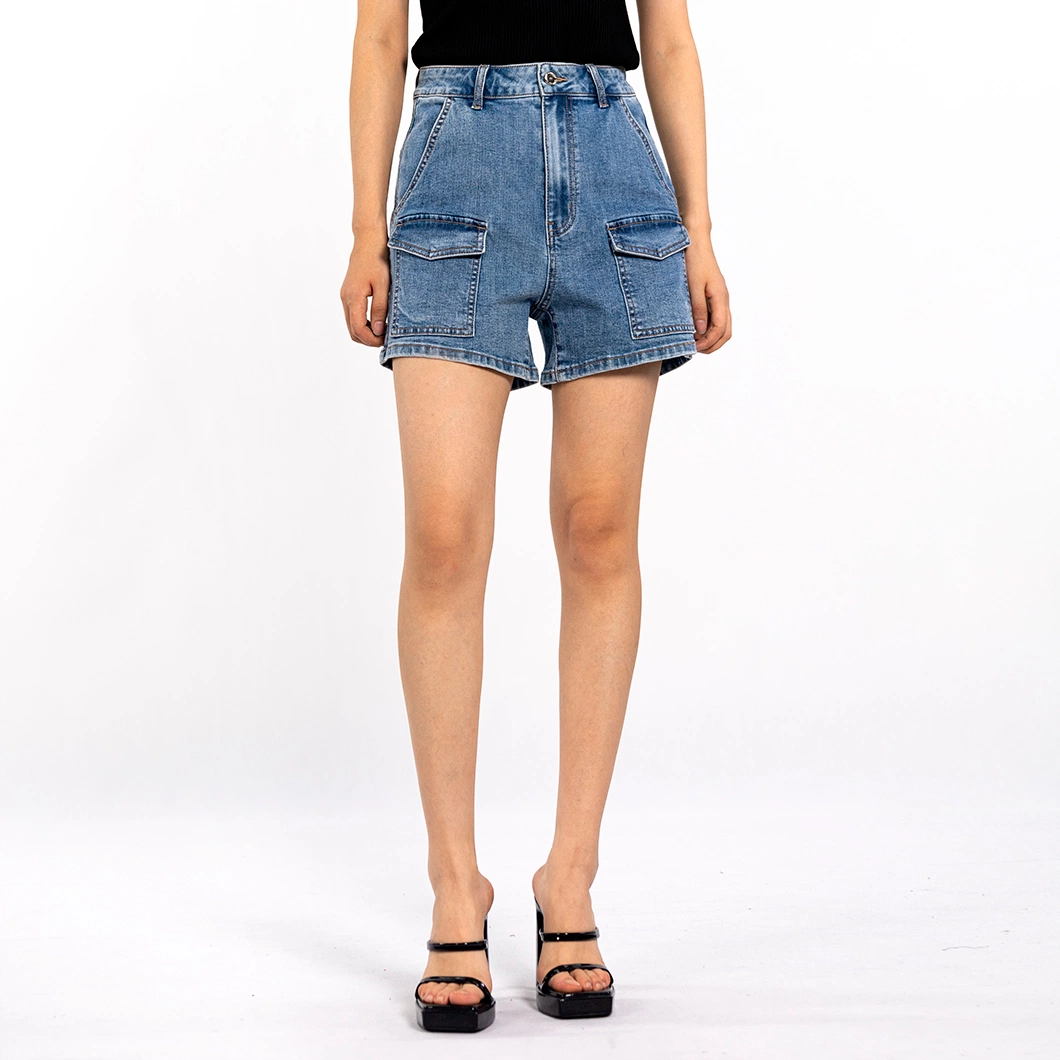 Vintage Design Multi-Pocket High Waisted Straight Leg Denim Shorts for Women