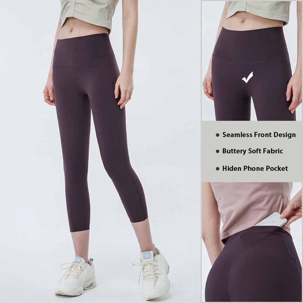 Solid Color Slimming Seamless Front Design High Waist Ultra Soft Lightweight Capris Wide Waistband Yoga Pants with Hidden Pocket