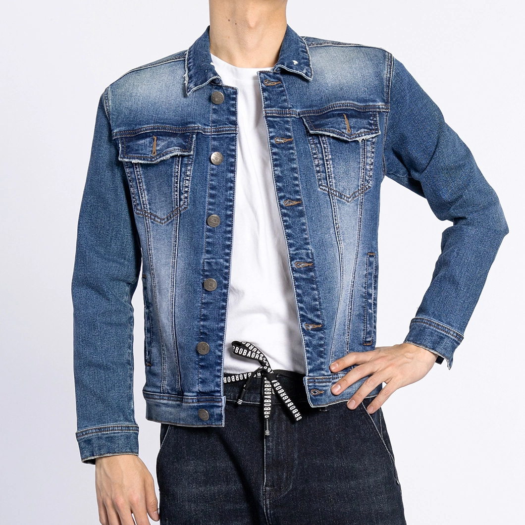 Custom American Style Collar Down Motorcycle Long Sleeve Blue Men Denim Jacket