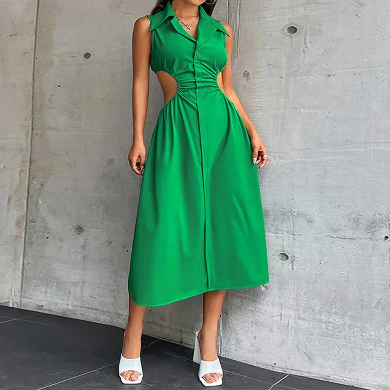 Women Sexy Hollow out Elegant Dress Shirt Collar Button Down Sleeveless Cropped Dress