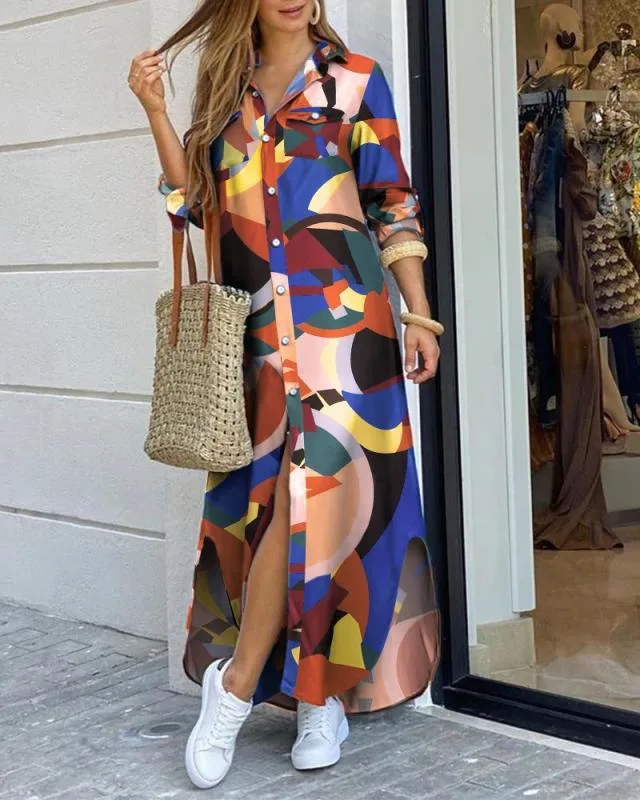 Hot Selling Spring and Summer Fashion Long Sleeve Loose Shirt Dress Printed Maxi Dress Ladies Fall Dresses for Women