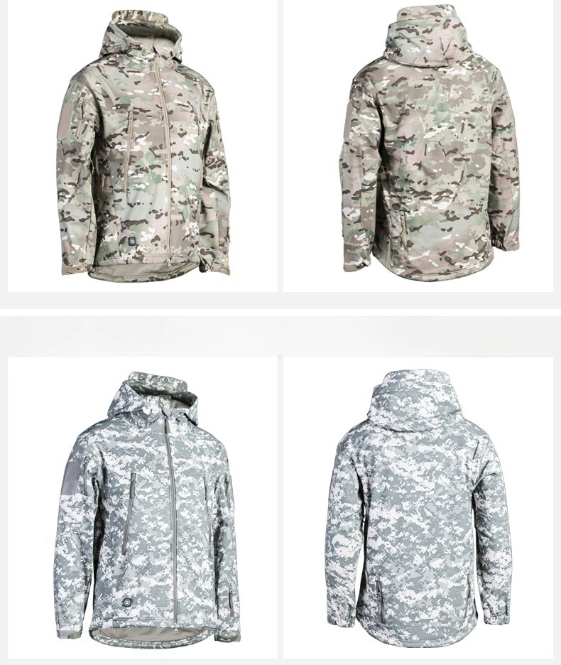 Soft Shell Suit Camouflage Men&prime;s Windproof, Splash Proof, Warm Fleece Jacket, Tactical Suit, Hidden Hat, Thickened Coat Logo