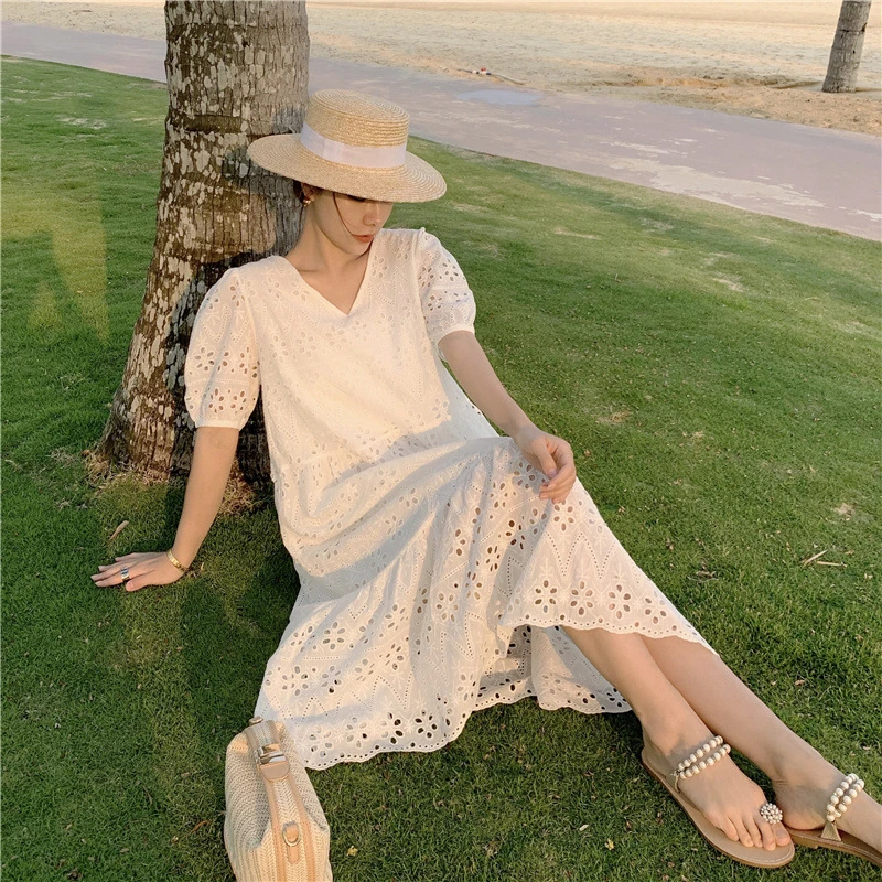 Boho Dress Casual Clothes Women Fashion Elegant White Cotton Shirt Dress