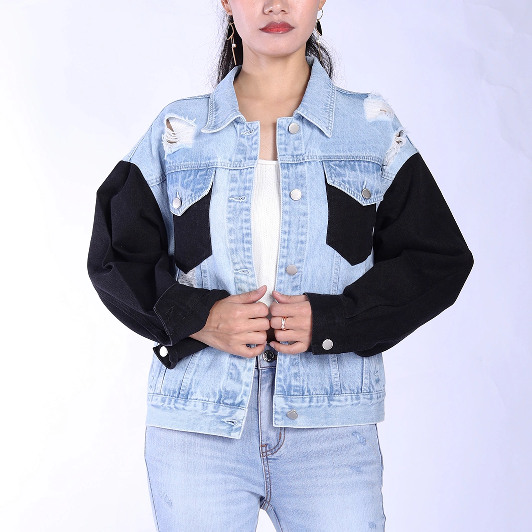 Custom Breathable Ripped Designed Collar Down Patckwork Denim Women Motorcycle Jackets