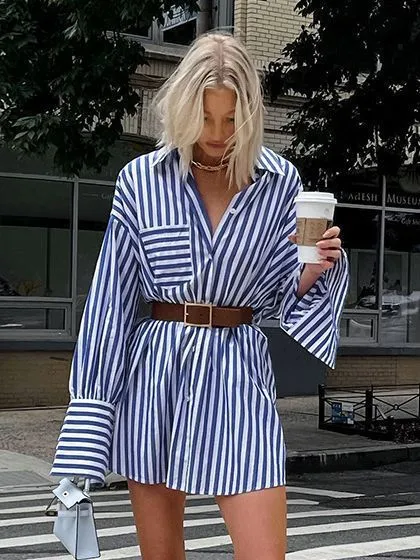 2023 Spring Autumn American-Style Blue and White Striped Shirt Dresses Women Casual Shirt Dress