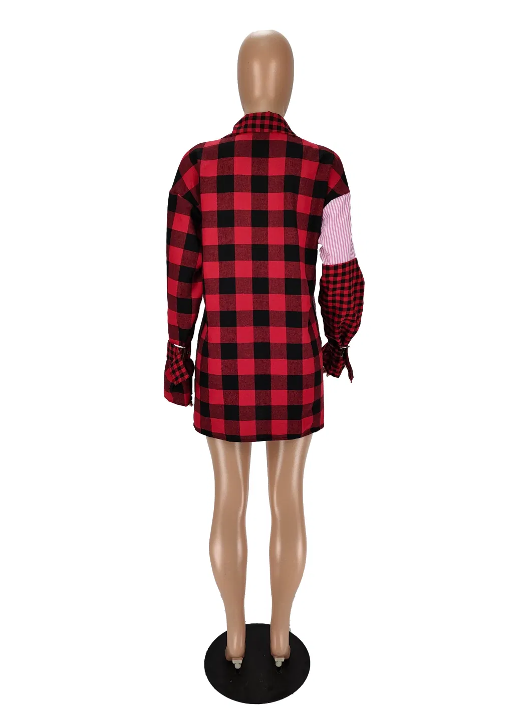 L286178 Brushed Plaid Stitching Single-Breasted Shirt Dress