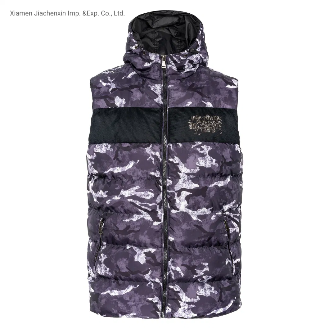 Asiapo China Factory Men&prime;s Polyester Insulated Padded Puffer Hooded Digital Printing Zip-off Pfc Free Winter Vest