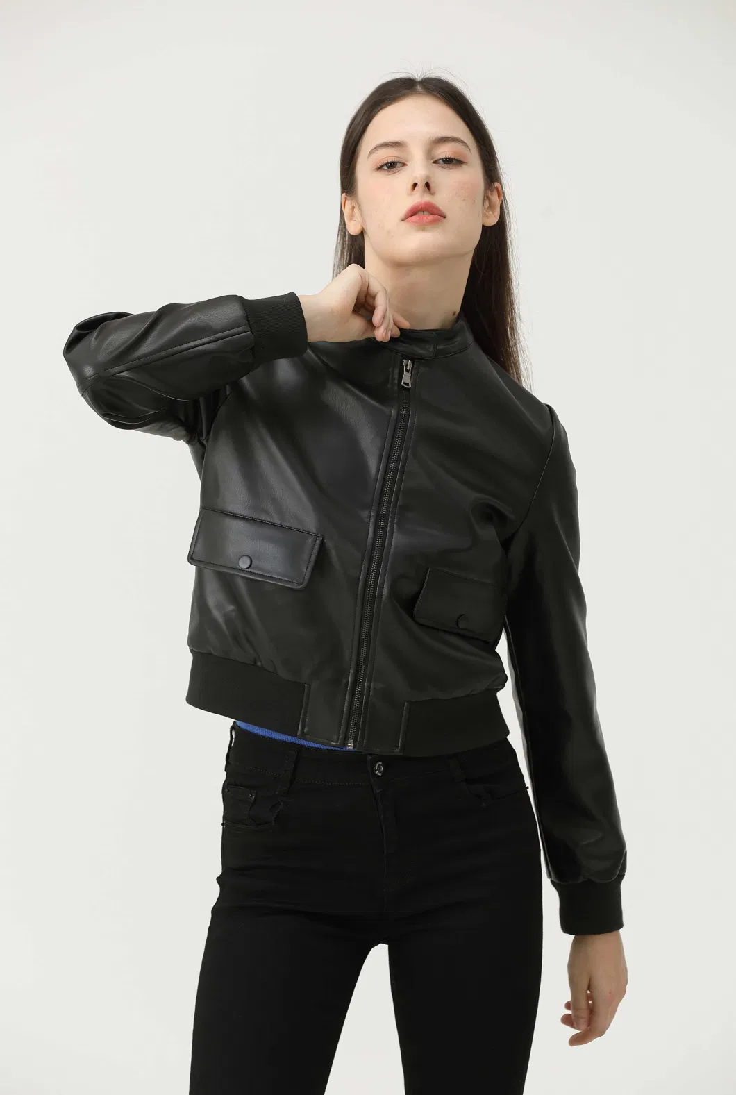 2023 Spring Autumn Women Black PU Cropped Leather Coat Collar Zipper Short Leather Jackets