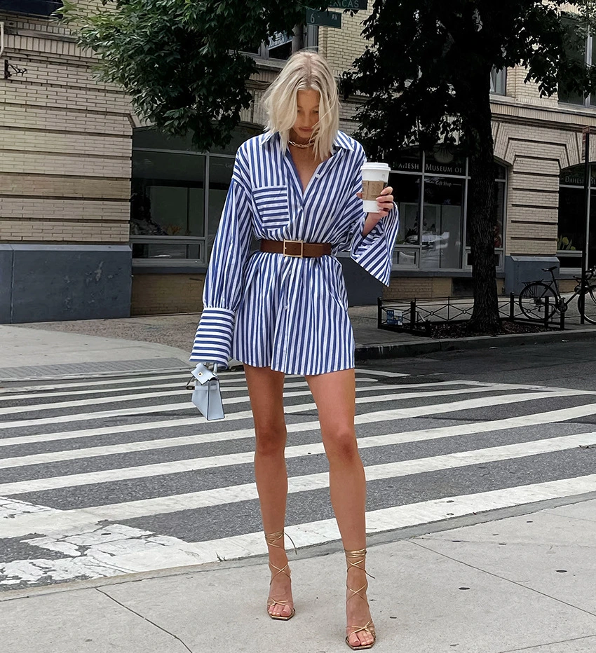 2023 Spring Autumn American-Style Blue and White Striped Shirt Dresses Women Casual Shirt Dress