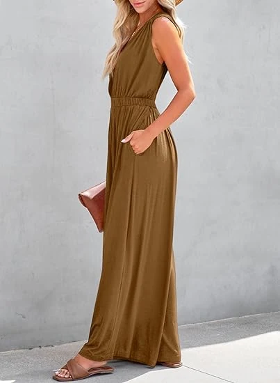 Women&prime; S Casual Loose Jumpsuit Jumpsuit Sleeveless Wide-Leg Pants with Pockets