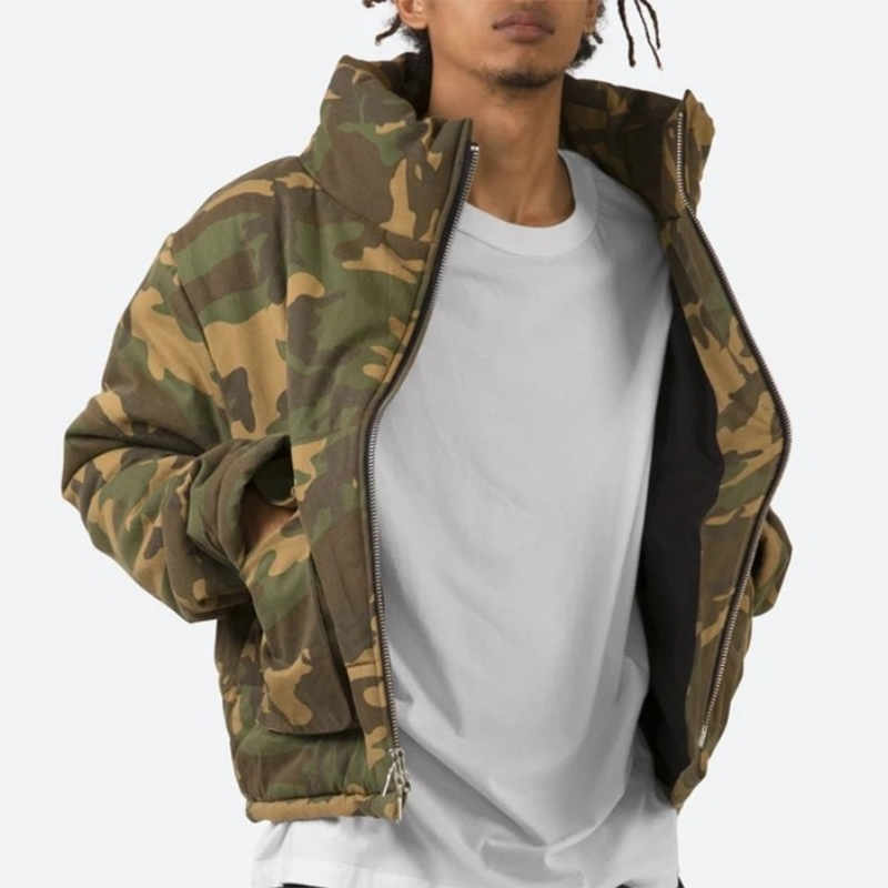 Green Camouflage Print Coat Custom Down Goose Cropped Winter Jacket