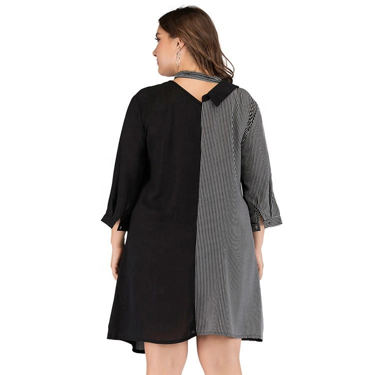 Plus Size Women&prime;s Clothing Strepe Ninth-Sleeve Dress with Scarf