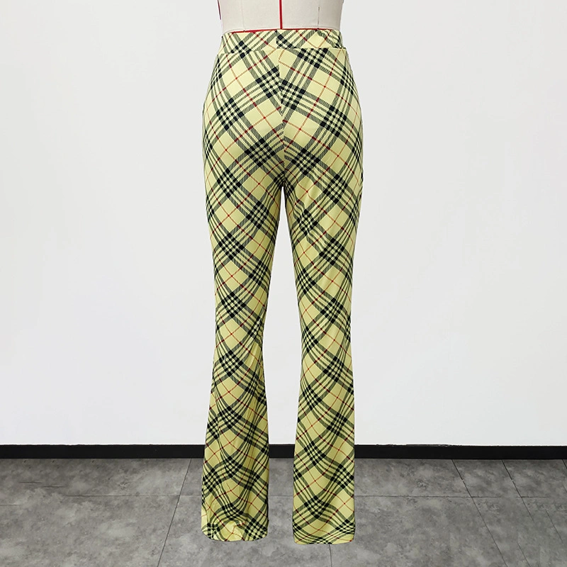 New Fashionable Leisure High Waist Plaid Print Flare Pants