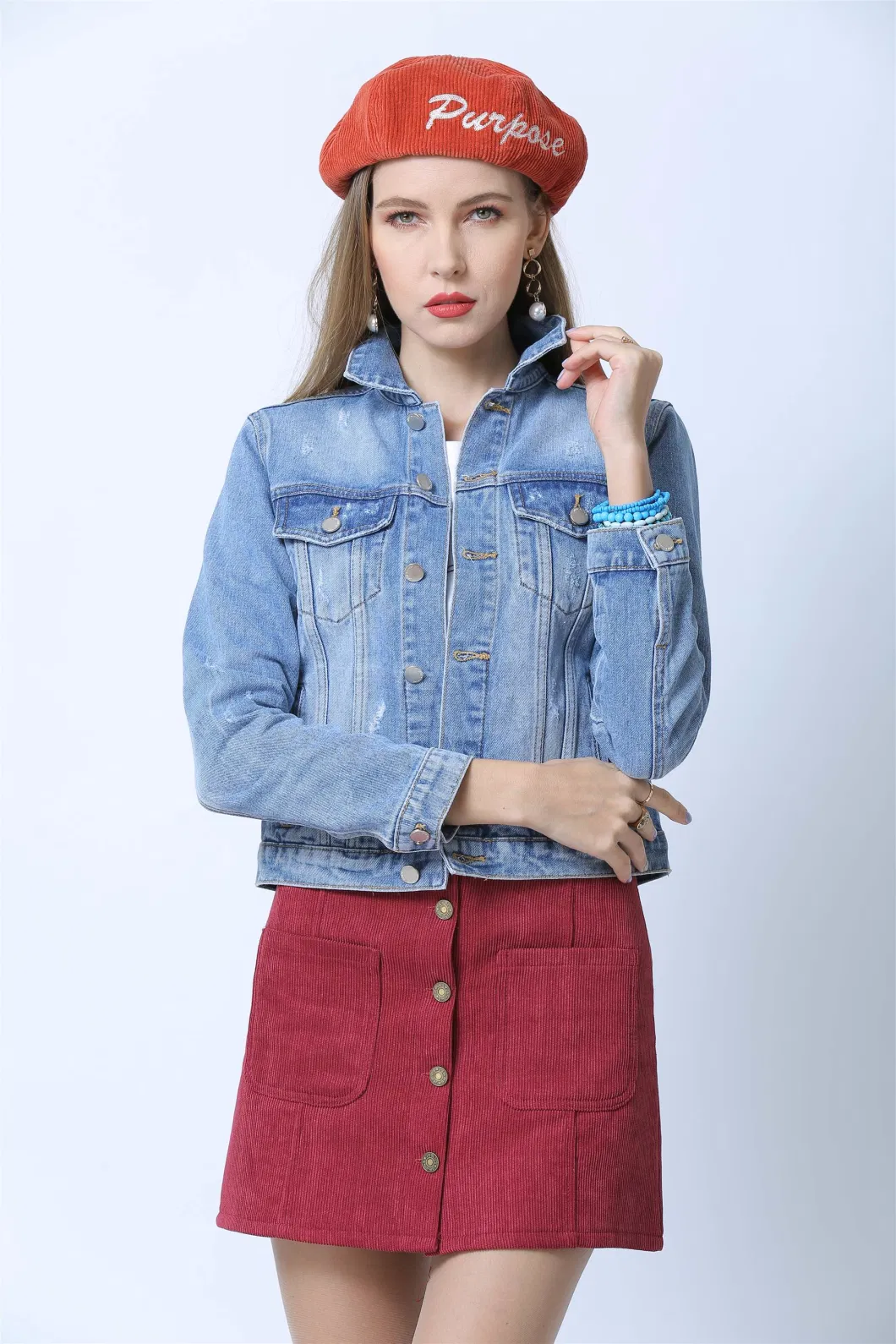 Ladies Classsic Bleached Wash Light Color Outdoor Casual Short Denim Jackets