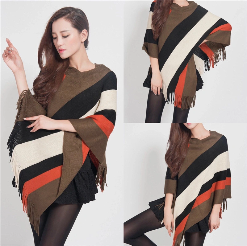 Women&prime;s Tassel Pullover Long Knitted Cloak Women&prime;s Winter Fashion Shawl Striped Sweater Coat