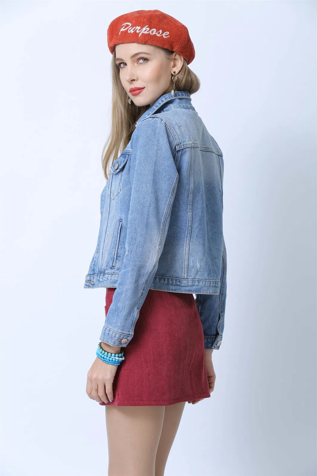 Ladies Classsic Bleached Wash Light Color Outdoor Casual Short Denim Jackets