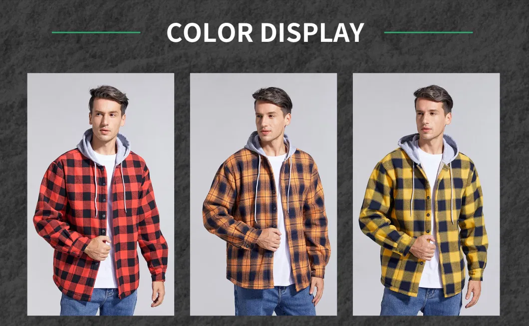 Men&prime;s Cotton Plaid Shirts Jacket Fleece Lined Flannel Shirts Sherpa Button Down Jackets with Hood for Men