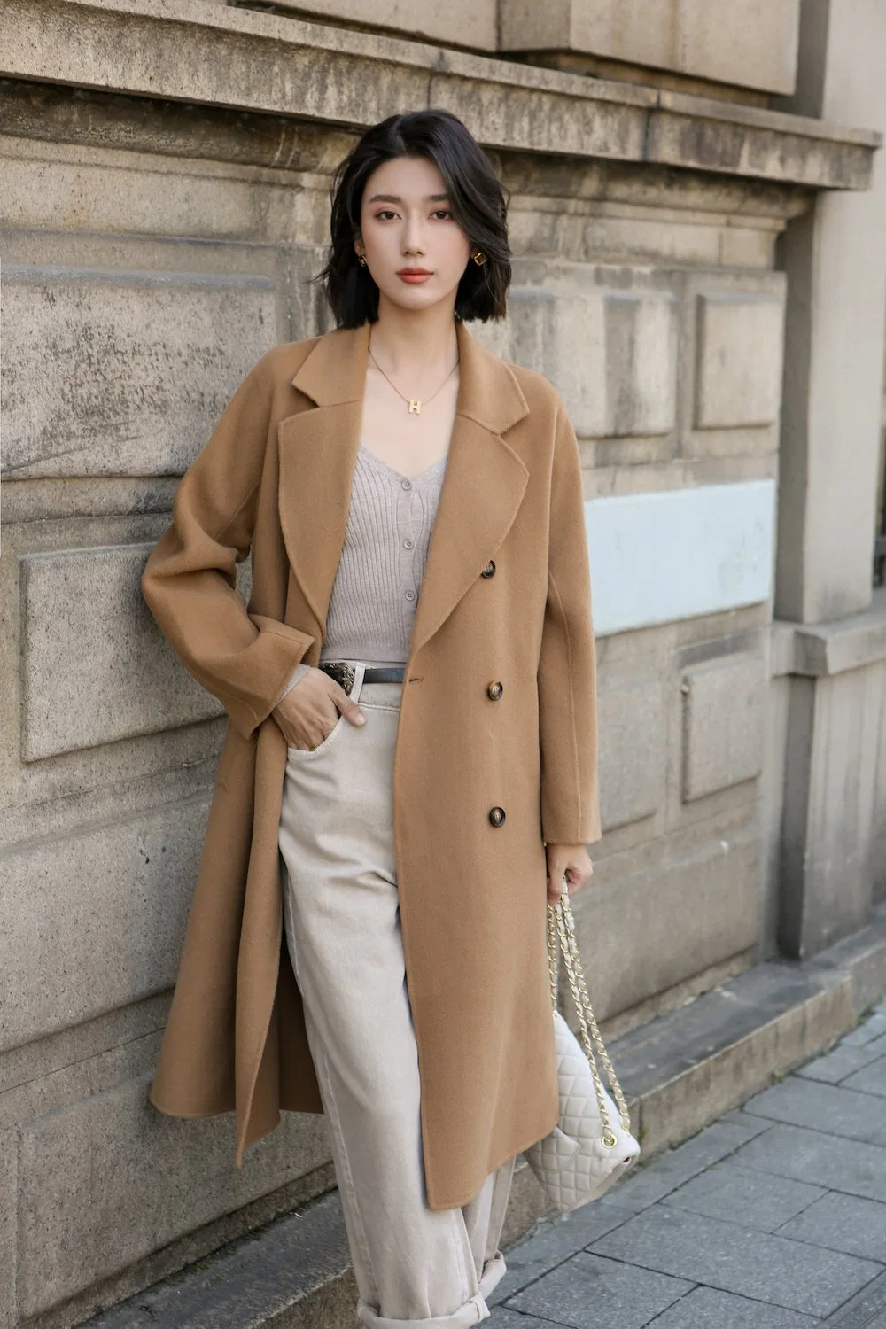 Double Breasted Solid Woolen Handmade Women Long Trench Coat