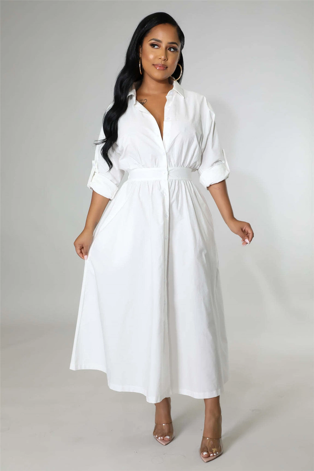 Fashion Women Long Sleeves Collared Solid Button Patchwork Casual White A Line Shirt Dress