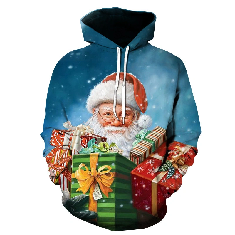 3D Print Santa Christmas Fleece Hoodie High Quality Cotton Pullover Sweatshirt Pullover